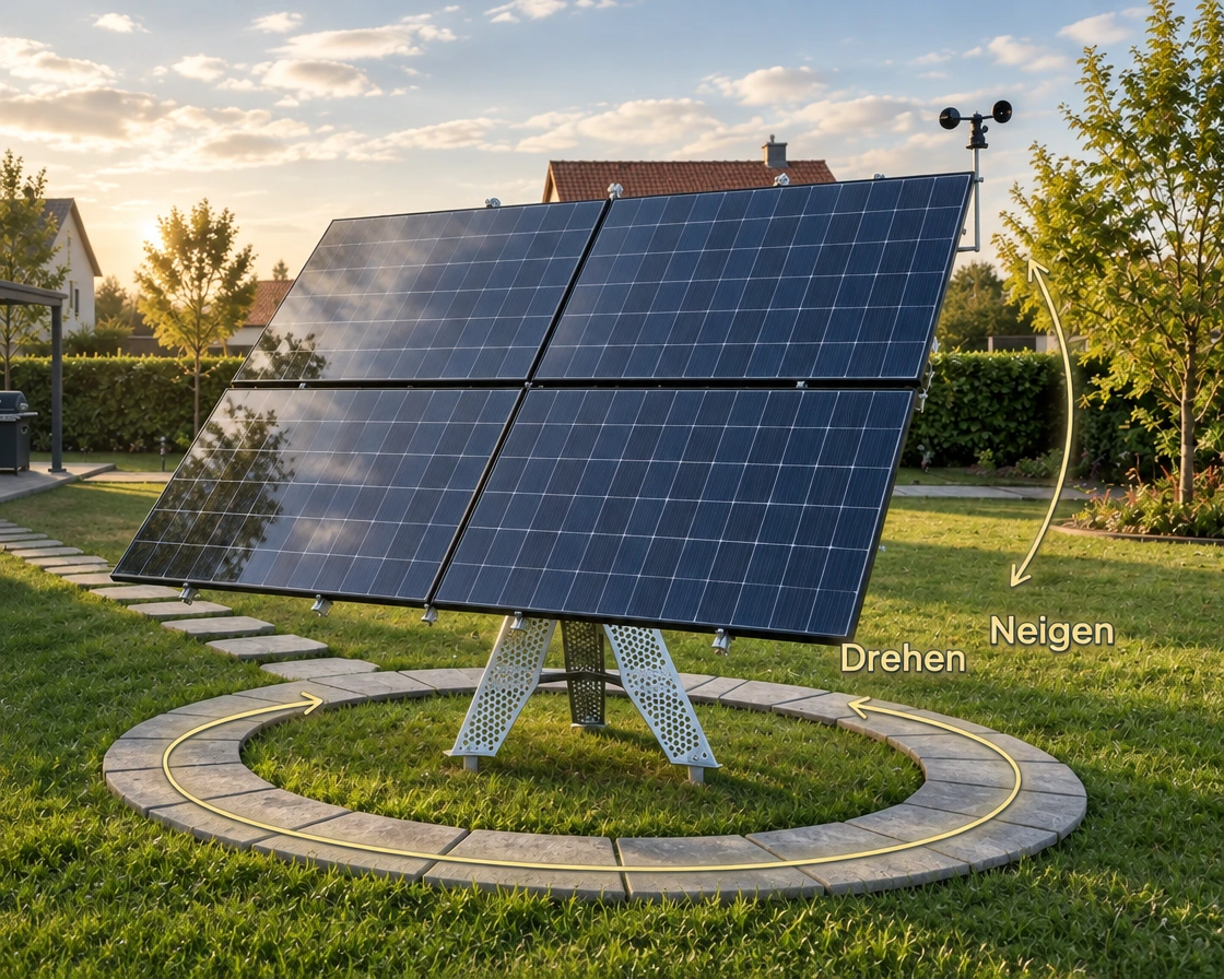 Fotorealistische Visualisierung des Schwenkkraftwerks mit vier Solarmodulen, Dreifußgestell und Windmesser; Pfeile erklären Drehen und Neigen
