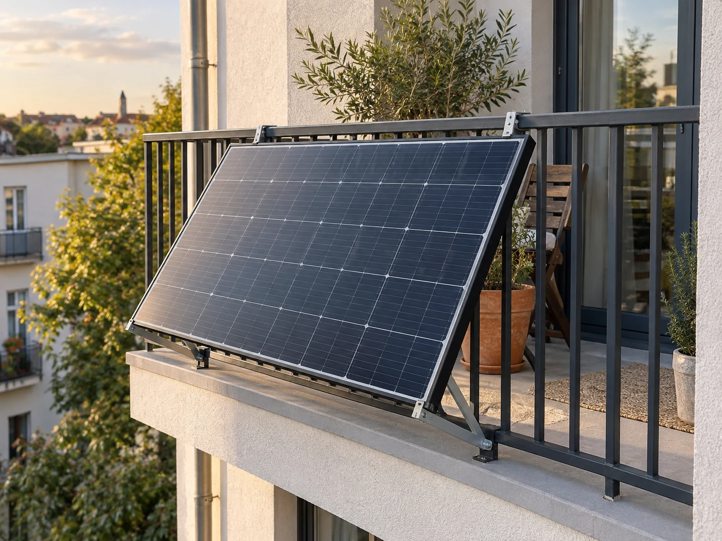 Solarmodul mit manuell neigbarer Halterung am Balkongeländer