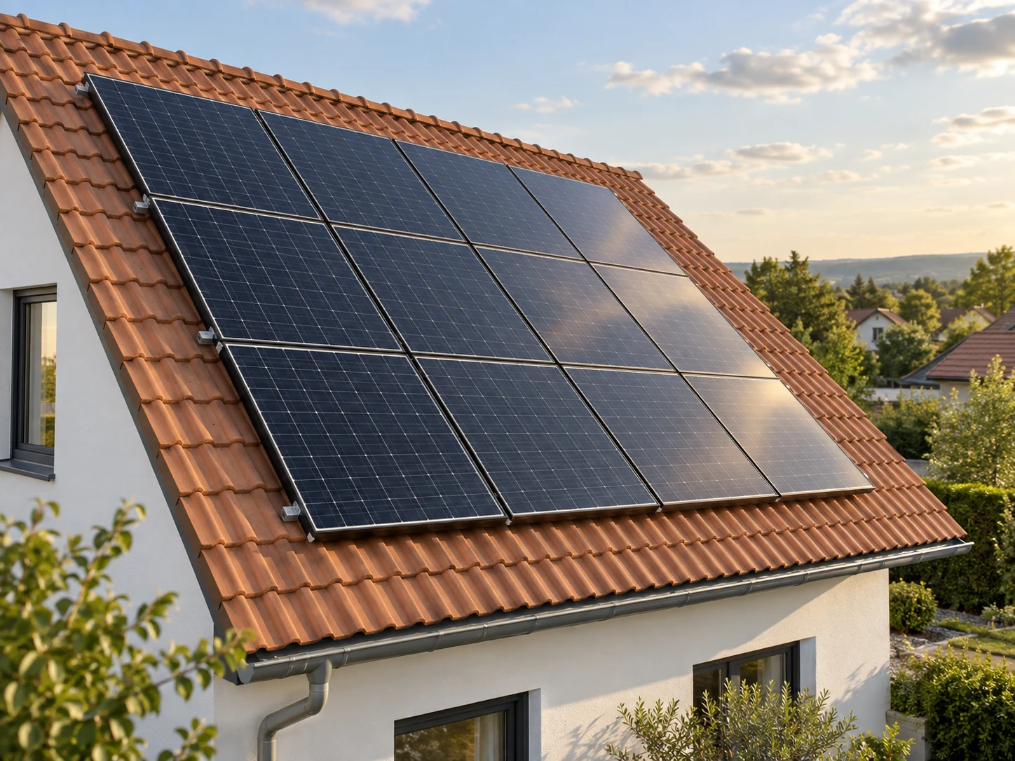 Fest montierte Solarmodule auf einem Ziegeldach